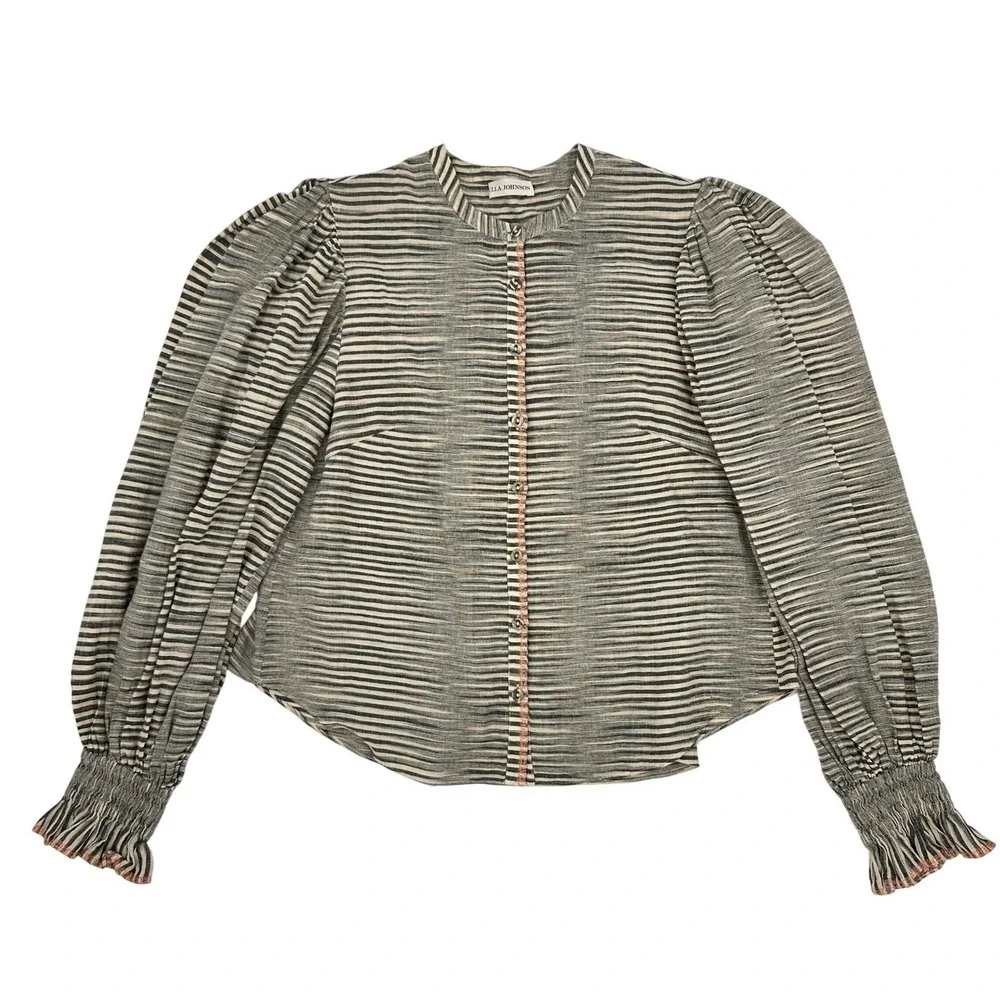 Ulla‎ Johnson Finley Blouse Striped Cotton Puff Sleeve Smocked Cuff Size 4 Small
